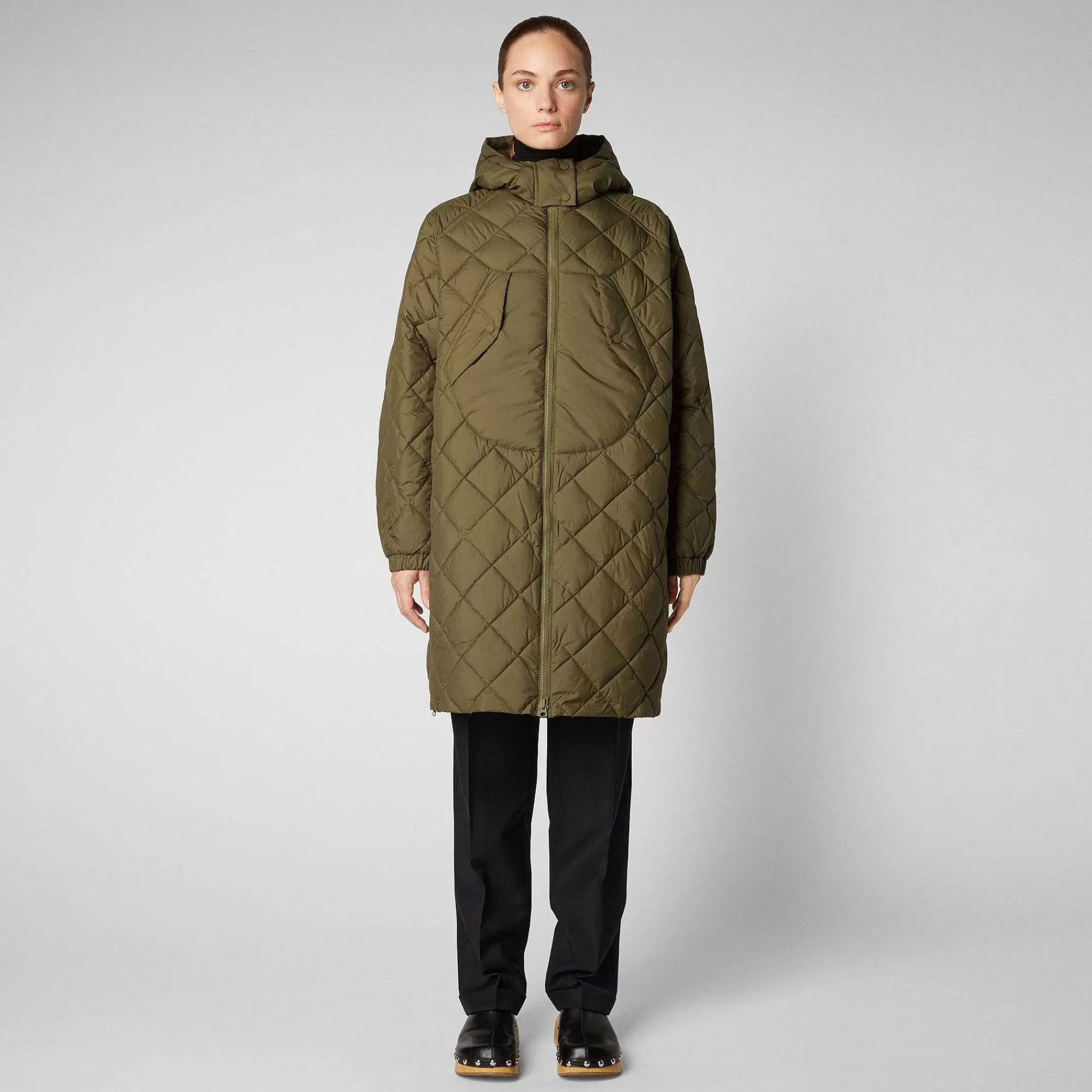 Giacche^Save The Duck Giacca Lunga Con Cappuccio Donna Valerian Verde Foresta